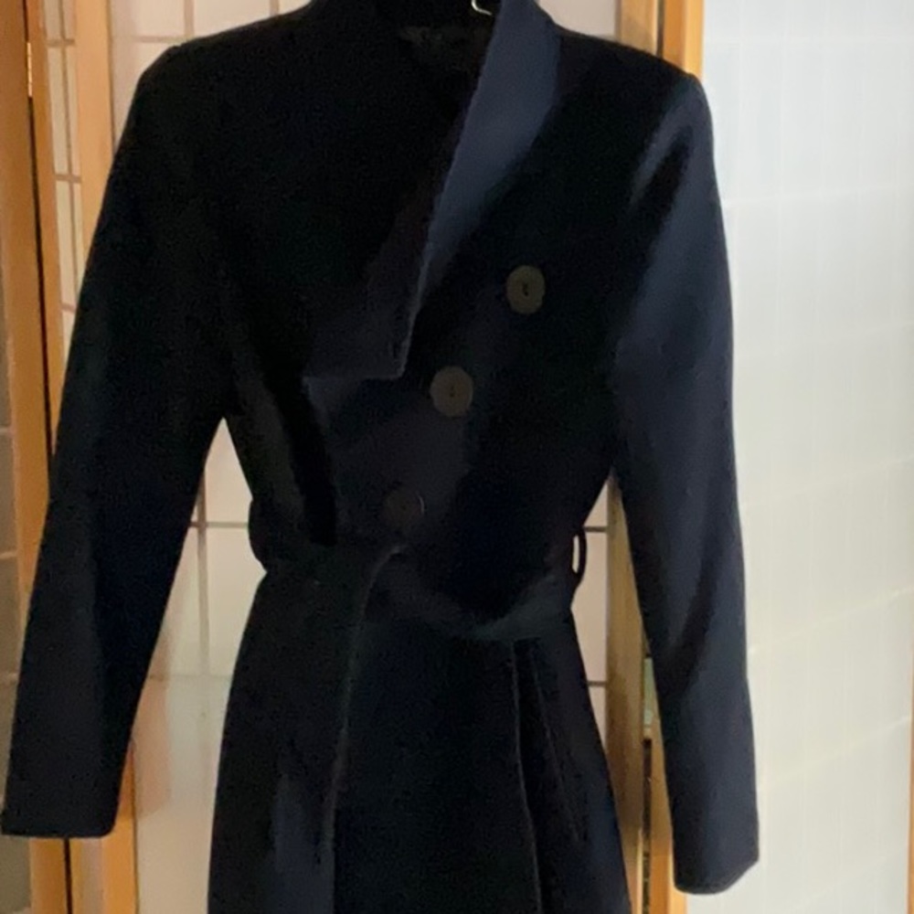 Dark blue wool 3/4 length coat, 3 button closure, belt, pockets, never worn